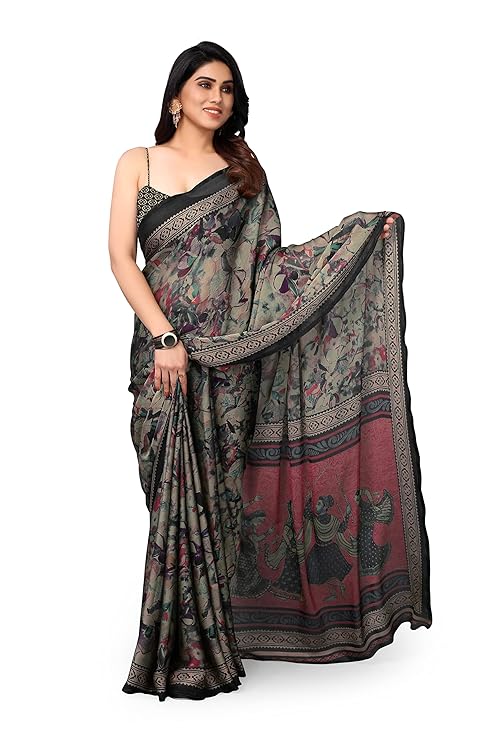 Women's Plain Weave Chiffon Ethnic Motif Printed Saree with Blouse Piece