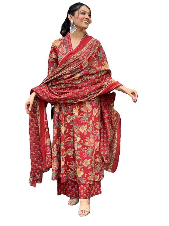Women's Pure Cotton Block Printed Kurta Set with Palazzo Pants & Dupatta