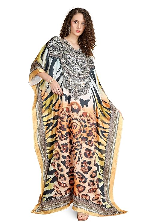 Soft Satin Kaftan with Digital Print and Rhinestones Handwork and Hidden Adjustable Belt