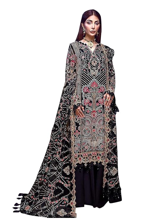Georgette Women's Black Semi Stitched Top With Unstitched Santoon Bottom and Net Dupatta Embroidered Straight Top Dress Material