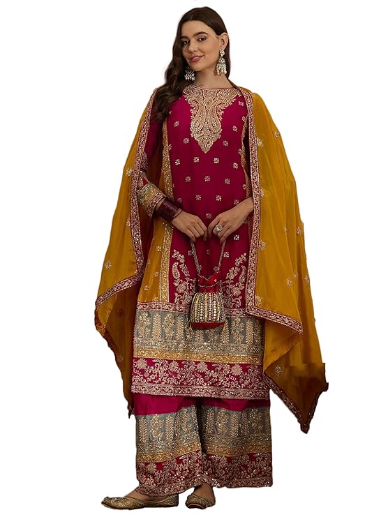 Women's Yellow Chinon Stitched Top With Stitched Chinon Bottom and Chinon Dupatta Full Sleeve Embroidered Straight Kurta