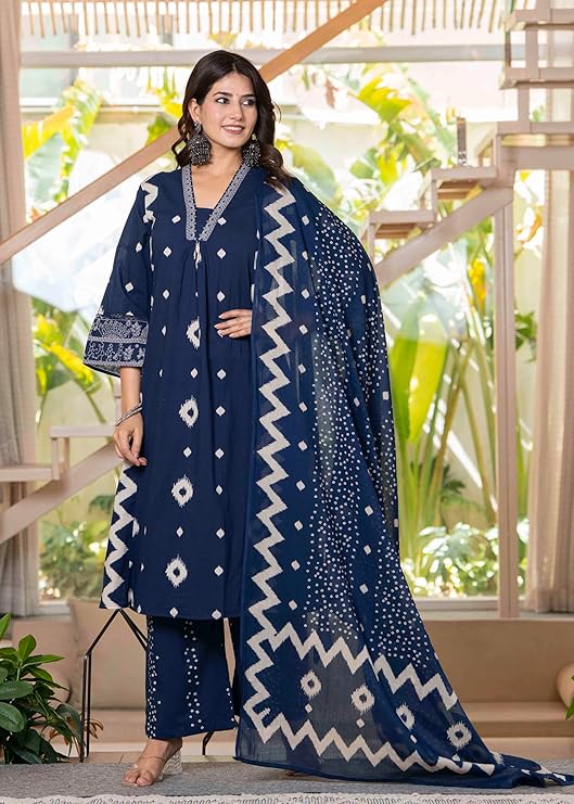 Women's Pure Cotton Printed Flair Kurta with Palazzo & Dupatta Set