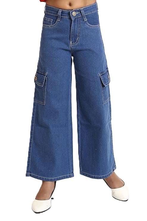 Stretchable High Rise Cargo Style Straight Fit Jeans for Girls
