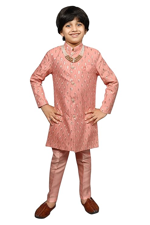 Kids Ethnic Silk Blend Sequin Print Indo-Western Sherwani Set For Boys