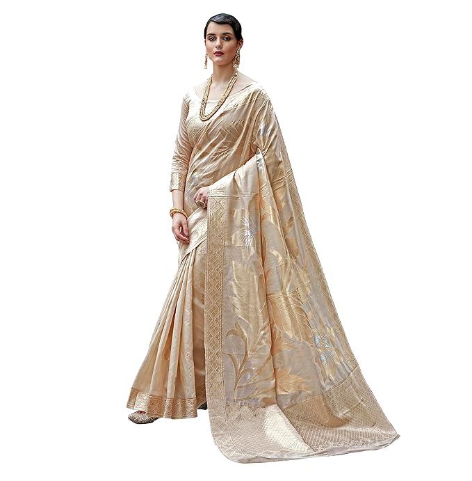 Women's Cotton Silk Botanical Woven Design Saree With Unstitched Blouse Piece