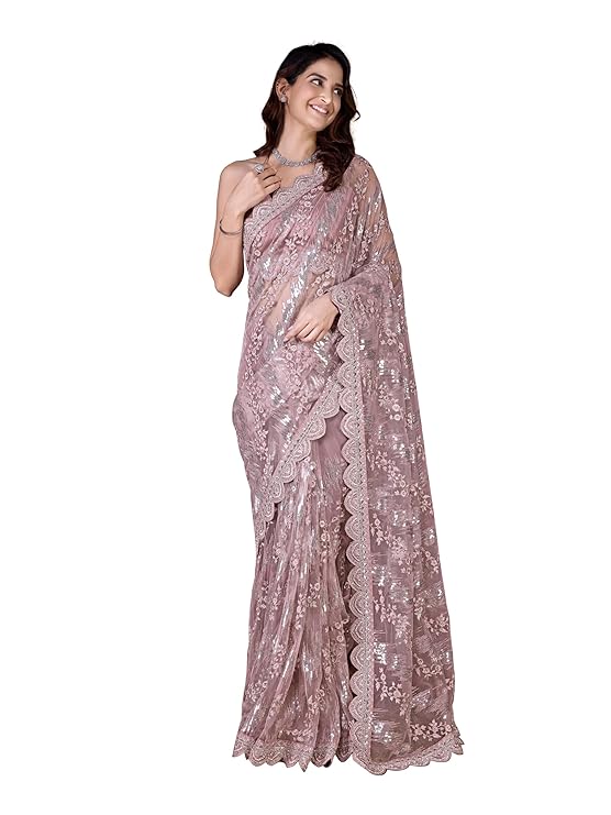 Women's Net Sequin Embroidery Zarkan Work Saree with Unstitch Blouse Piece