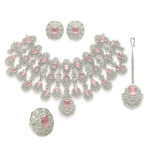 American Diamond Studded Tasselled Necklace With Earrings Ring & MaangTikka Jewellery Set For Girls and Women