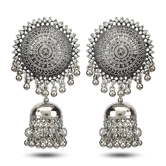 Fashion Jewellery Antique German Silver Oxidised Plated Tribal Cotton Thread Jewellery Necklace Earring Set for Women & Girls.