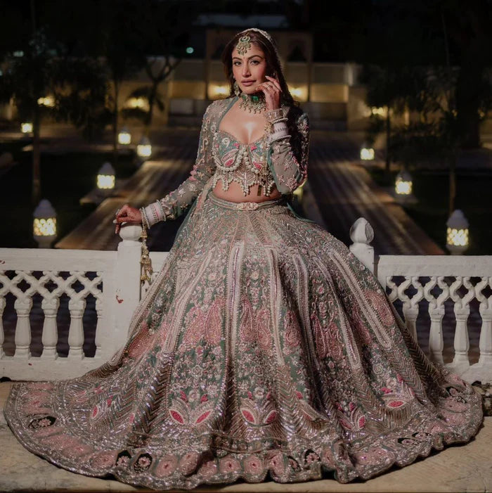 Lehenga Set with Embroidered Crop Top, Pink and Mint Green Heavy Work Wedding Dress with Dupatta